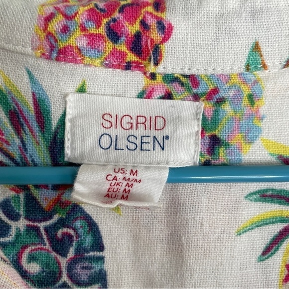 Sigrid Olsen Pineapple Novelty Multicolor Print Linen Blend Top With Pockets - Picture 9 of 10